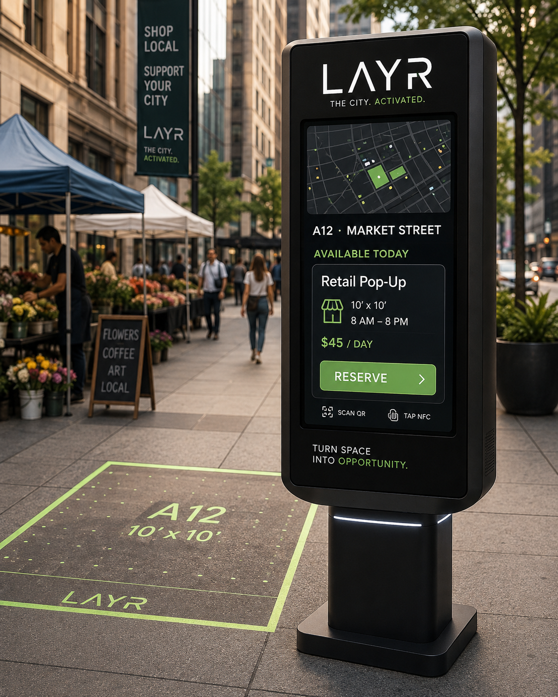 Concept LAYR street kiosk showing an available Market Street retail pop-up space